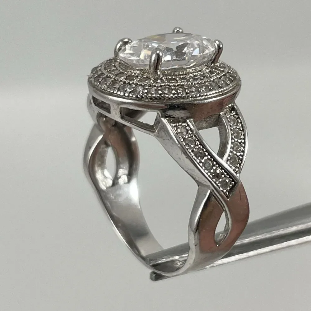 925 Sterling Silver White Cubic Zirconia Halo Oval Cut Statement Ring Sz 7